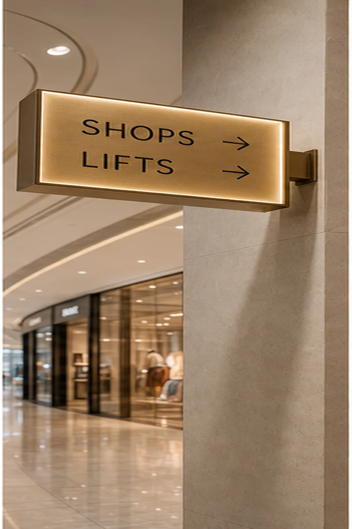 Commercial wayfinding signage in a refined interior