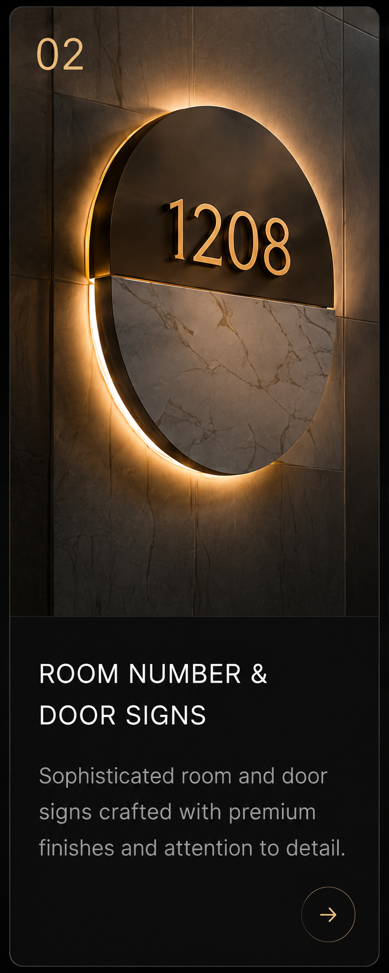 Backlit hotel room number and door sign 1208