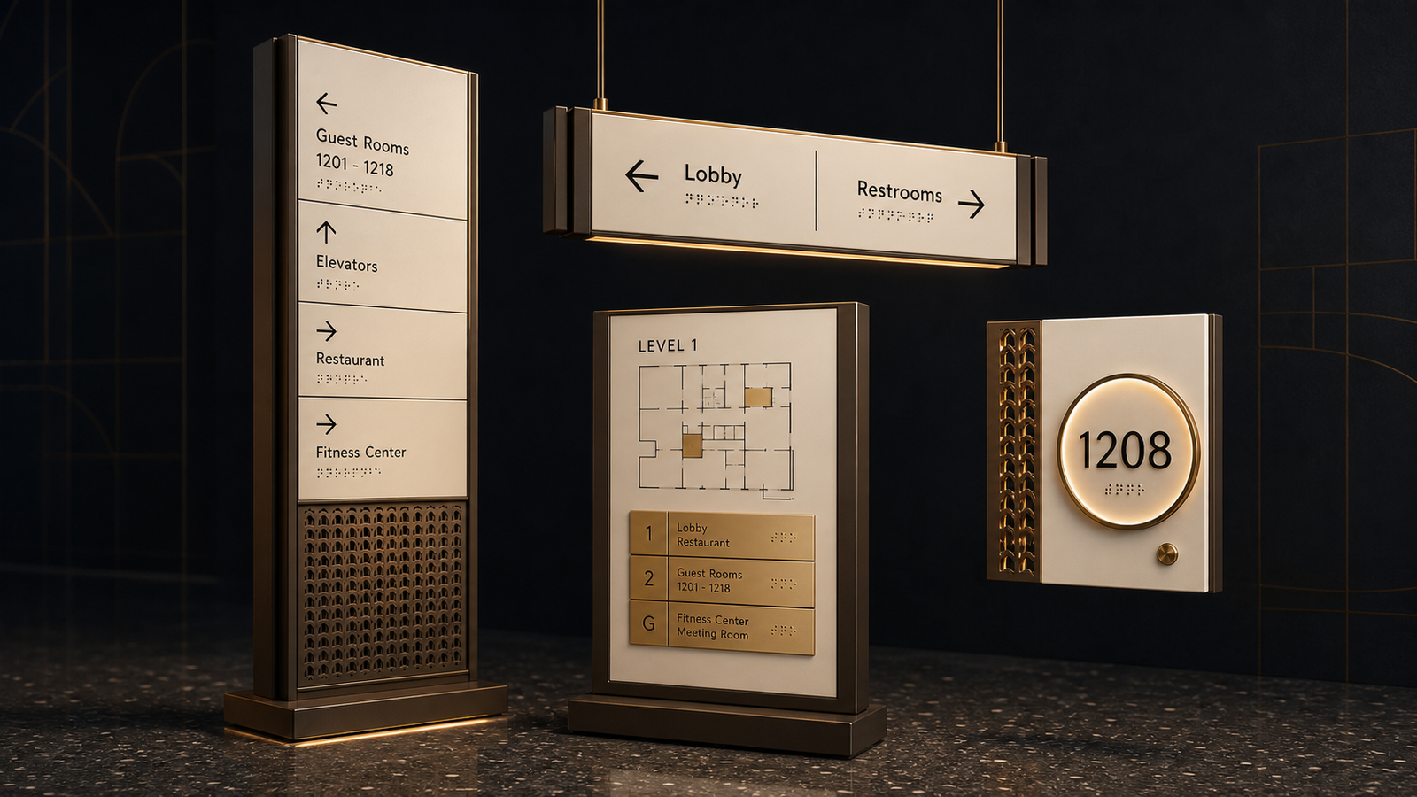 Ivory and brass modular signage system