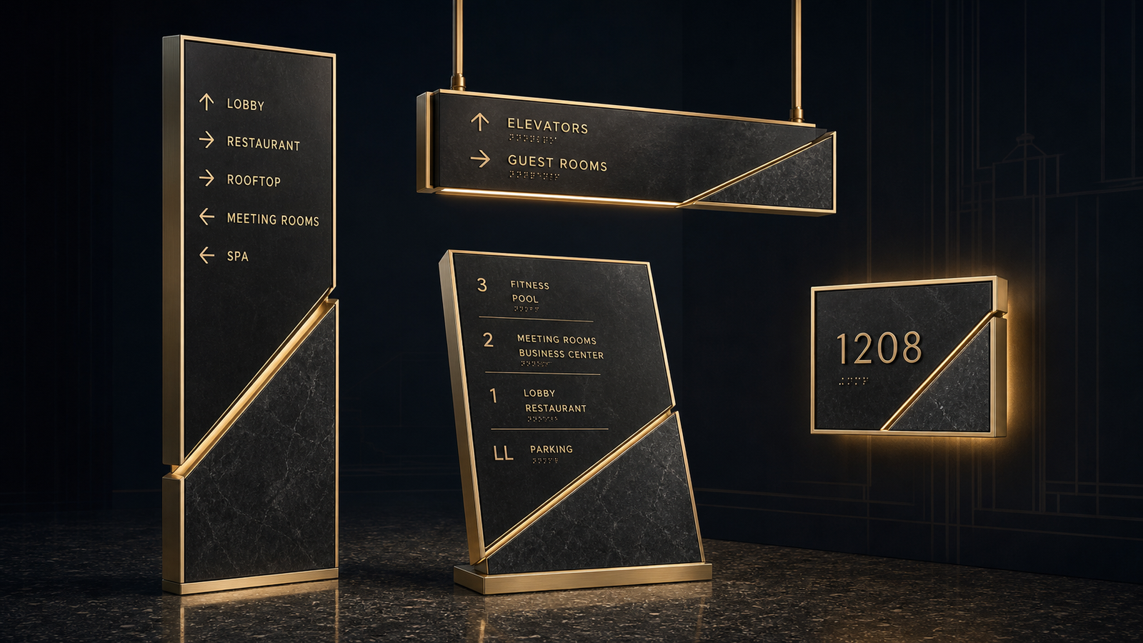 Black stone and champagne gold hotel signage collection
