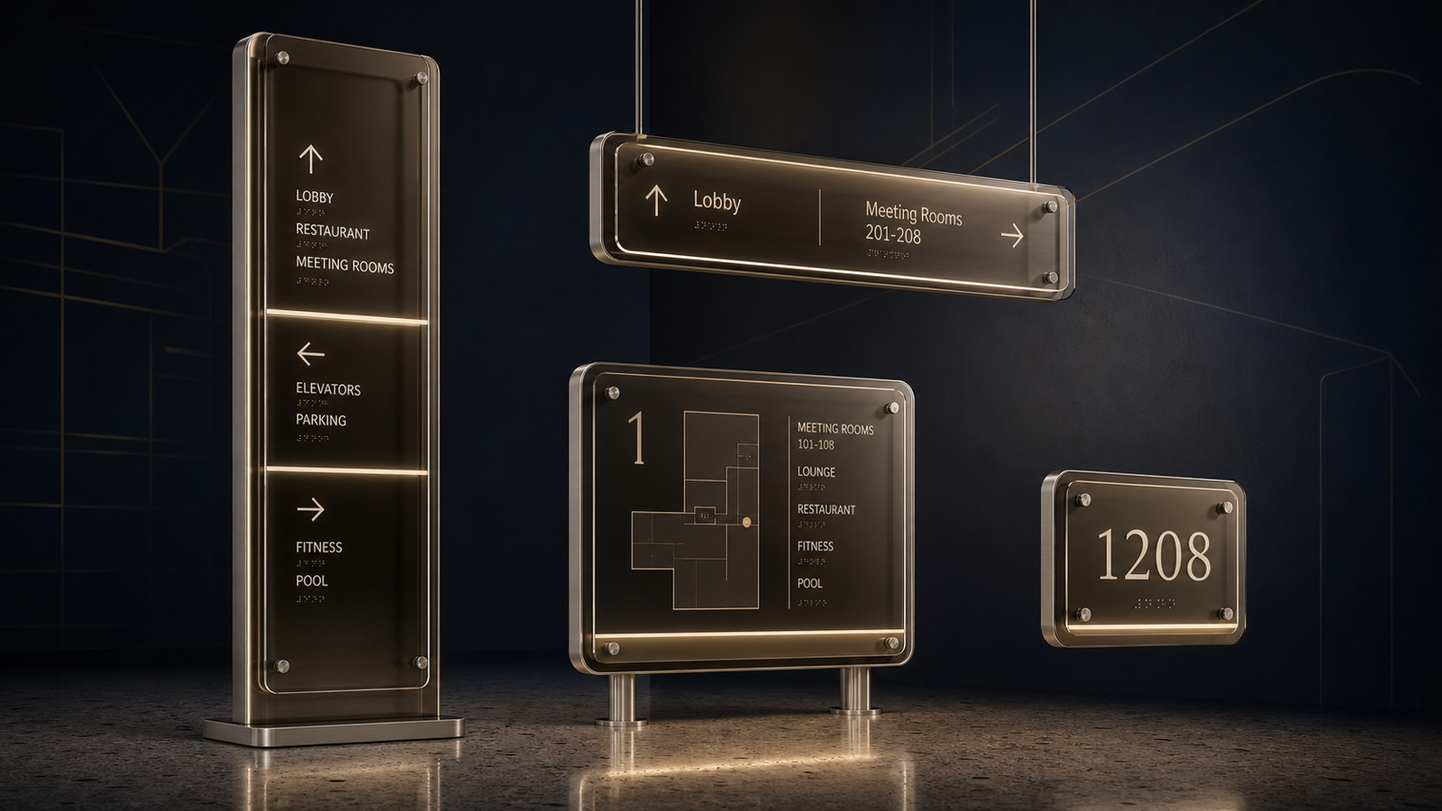 Smoked glass and precision metal signage collection